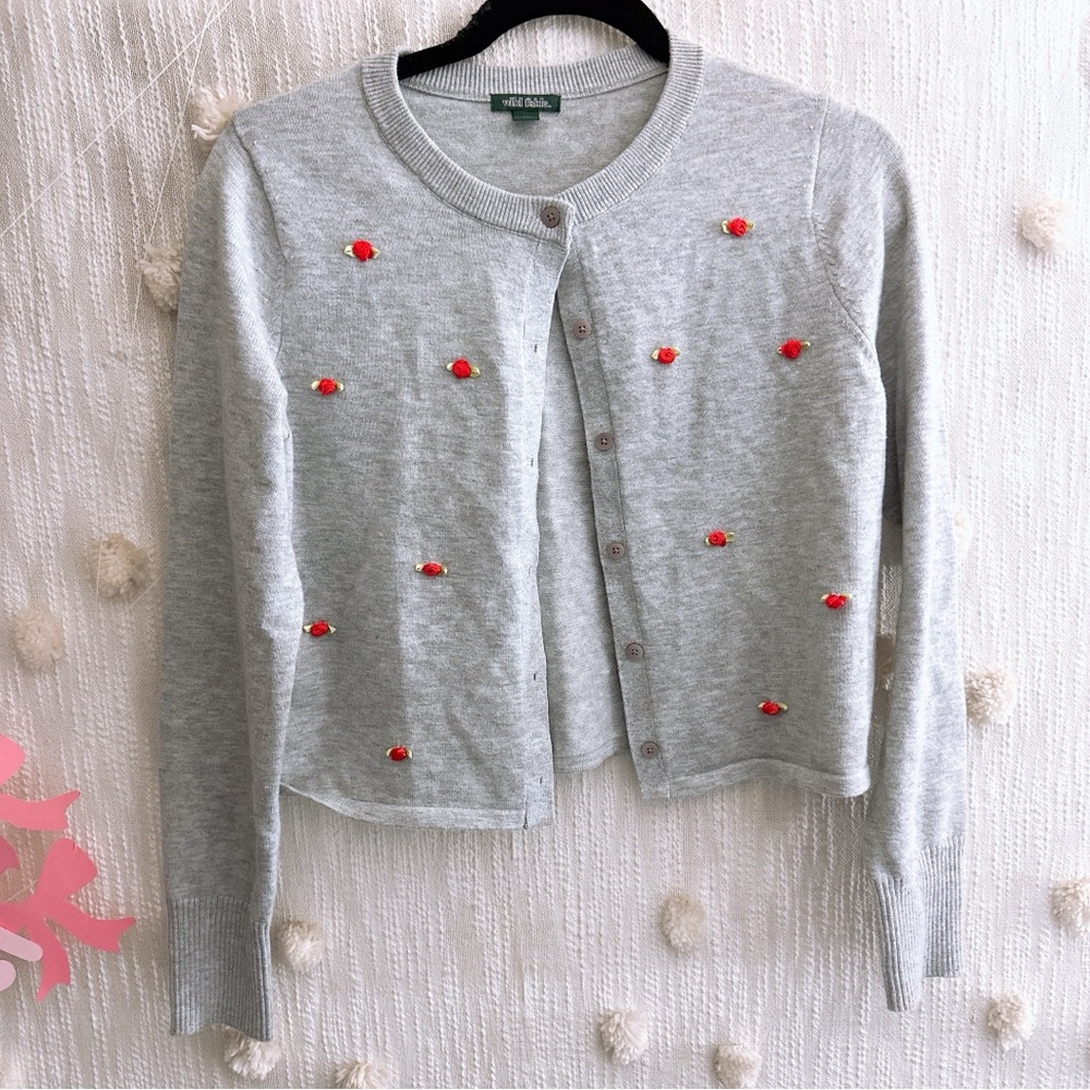 Wild Fable Gray Cardigan with Red Floral Accents